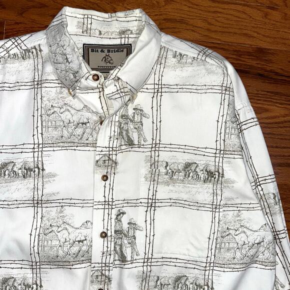 Bit & Bridle Western Cowboy Horse Button Up White Cotton Shirt Size Large - Picture 7 of 15